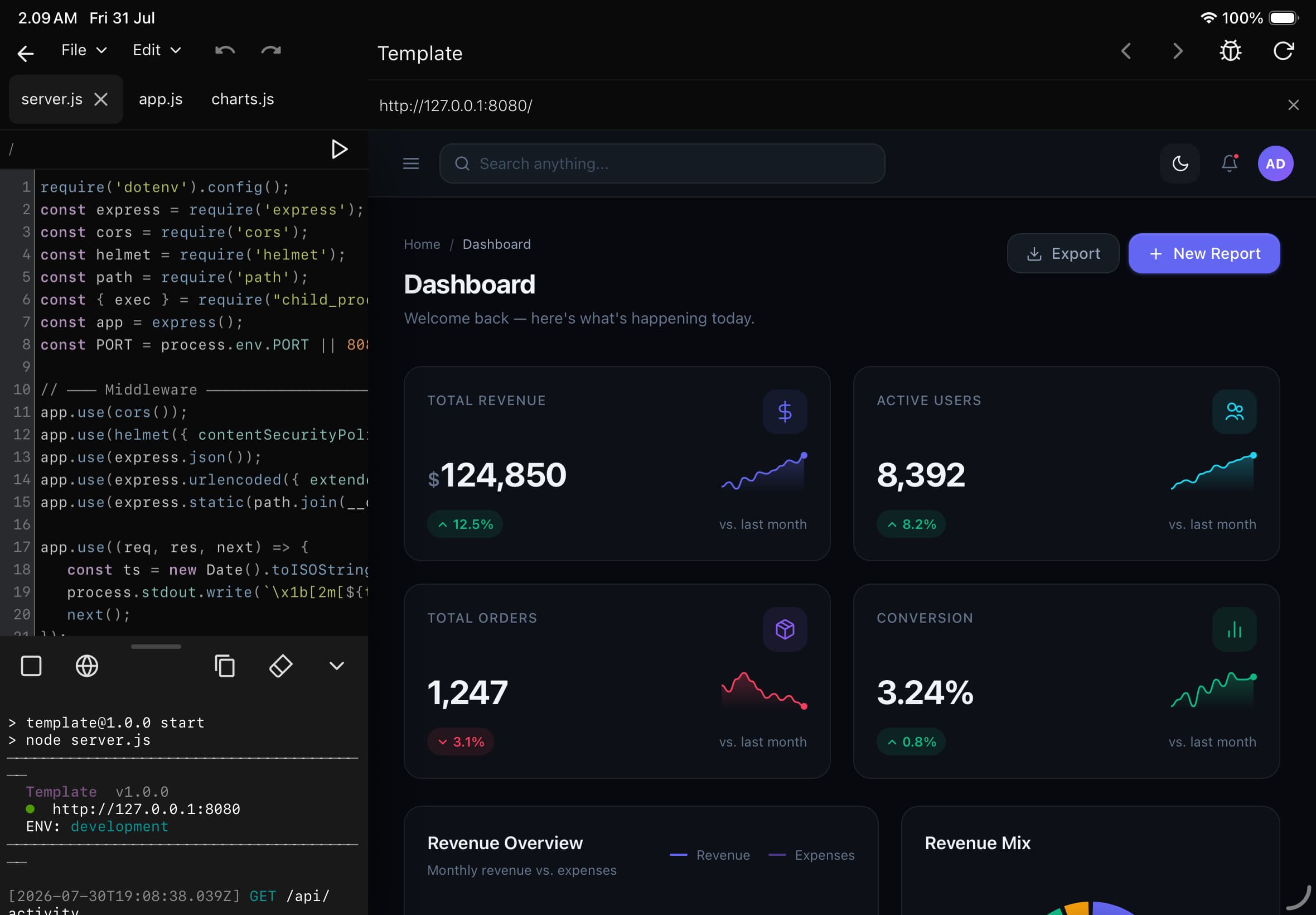 DevBox running on iPad: editor, terminal, and WebKit preview side by side